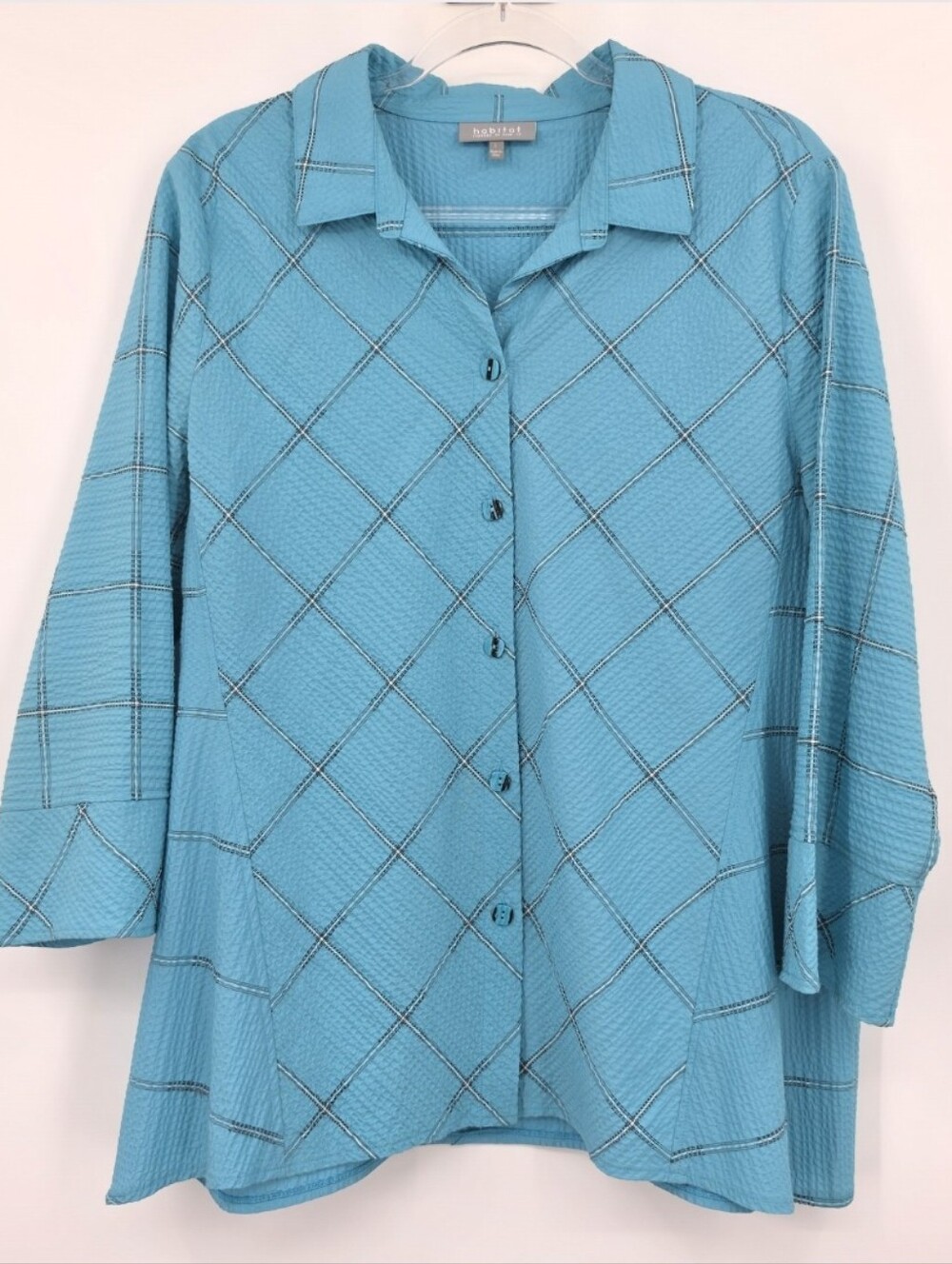 Habitat Long Sleeve Button Front Shirt Large Blue Seersucker Stretch